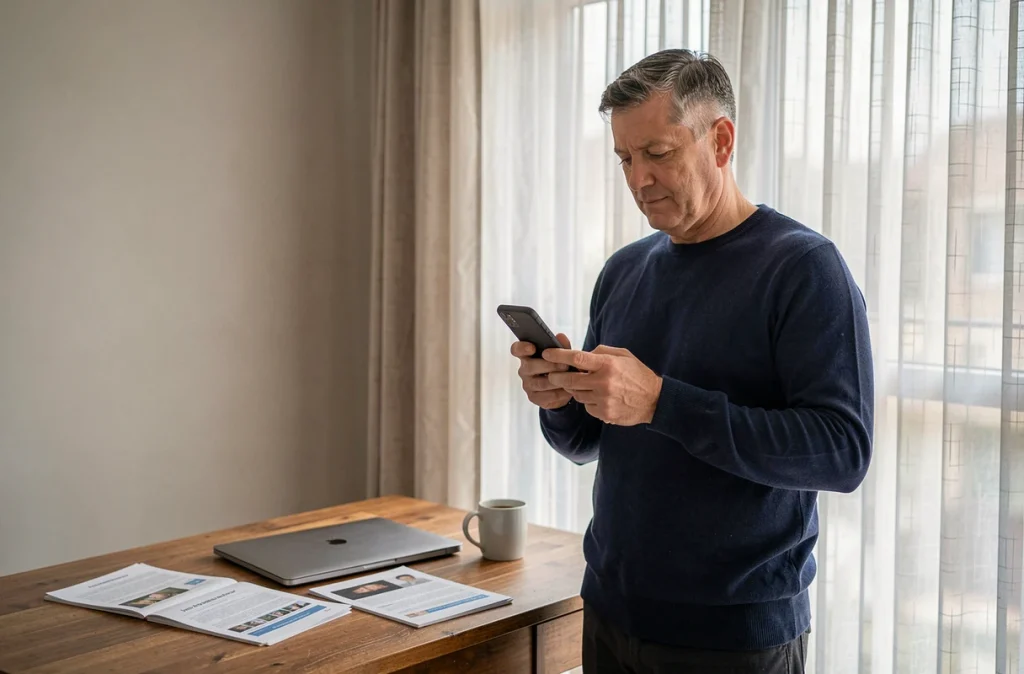 Homme en télétravail consultant son smartphone pour trouver une alternative à un service web en panne