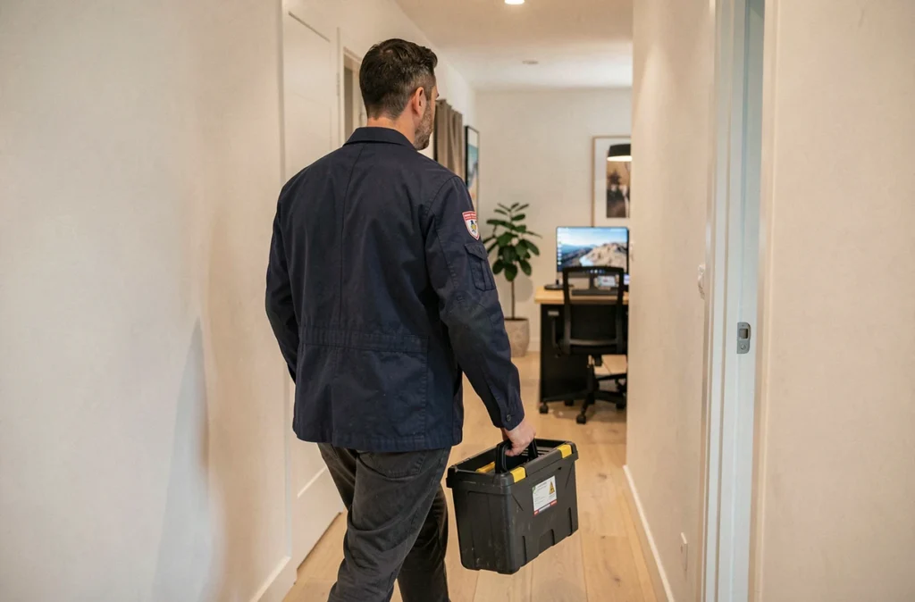 Technicien d'IT Home Service se déplaçant à domicile avec une mallette d'outils dans un appartement parisien moderne