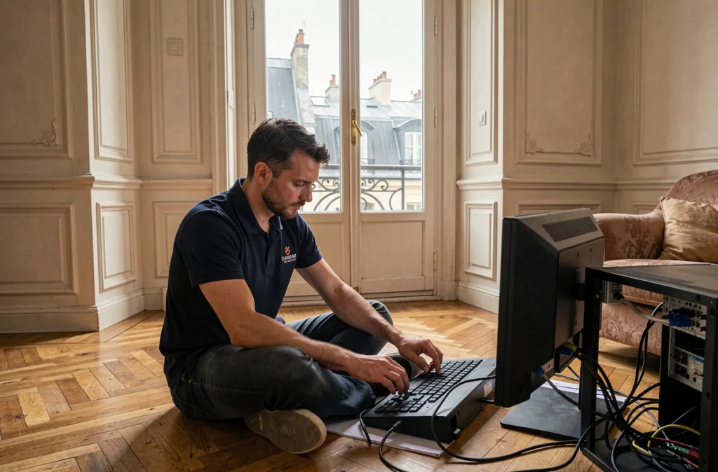 Technicien de MonTechnicien.com installant un ordinateur de bureau dans un appartement parisien haussmannien