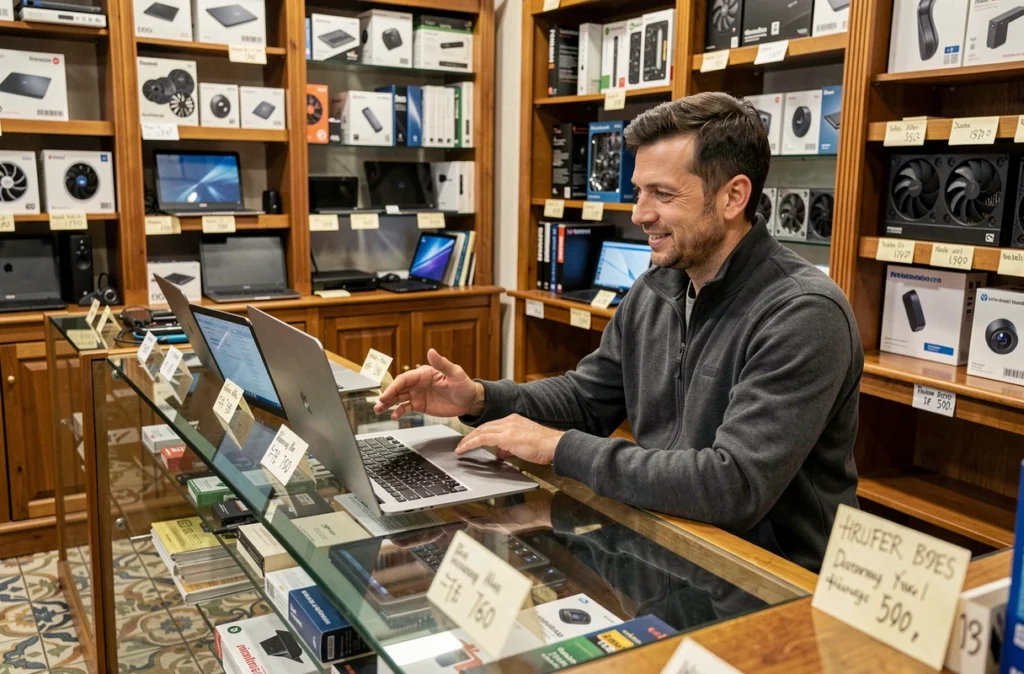 Technicien d'Ordiparis présentant des ordinateurs reconditionnés dans une boutique de réparation parisienne