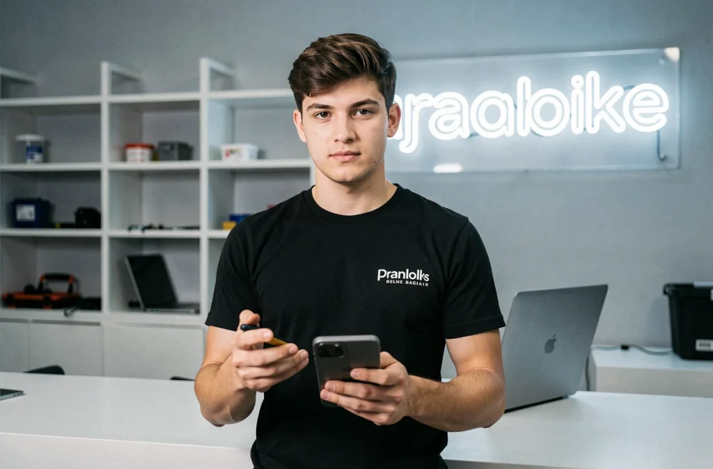Technicien de PC Phone Repair tenant un smartphone et un laptop dans une boutique de réparation moderne à Paris