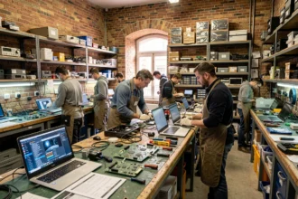 Atelier de réparation d'ordinateurs à Paris avec techniciens au travail sur des postes de réparation