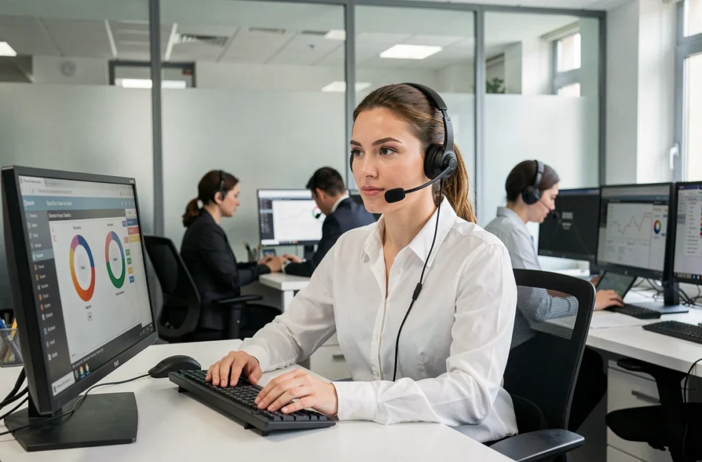 Technicienne de Support Informatique Paris au téléphone devant des écrans de diagnostic dans un bureau professionnel