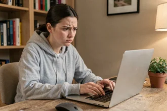 Jeune femme frustrée devant son ordinateur portable en tentant d'utiliser un convertisseur YouTube en MP3 en ligne