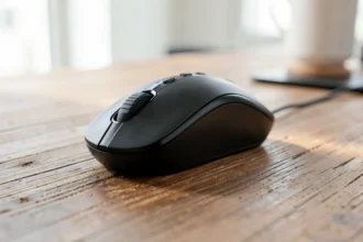 Souris d'ordinateur posée sur un bureau en bois