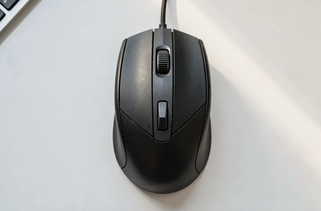 Souris d'ordinateur vue de dessus avec ses deux boutons et sa molette